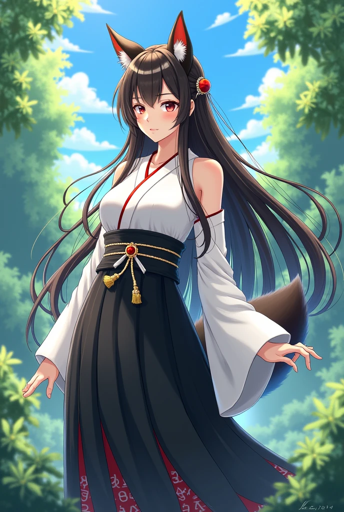 Inubashiri Kaede Female D cup Long hair Upper body is white bright clothes、The lower body is a black skirt with red and white decorations at the hem.(Hakama)Animal ears and tail