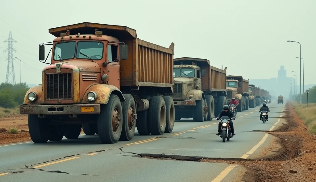 (photorealism:1.2), 10 wheeler old trucks , were damaging roads , other small cars and motor bikes are looks unrest