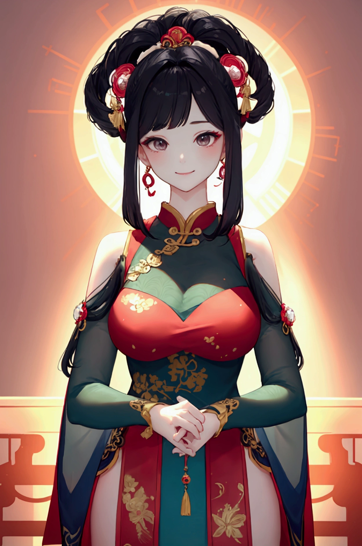 ((masterpiece、Highest quality))、shape、Very detailedな、8k、Actual、Sharp focus、Very detailed、Professional Lighting、Spotlight、Colorful details、Detailed Texture，Stunningly beautiful，Wear a see-through Chinese dress，(The most suitable hairstyle:1.4)、(in the most helpful way:1.3)、(Half-body photo:1.4)、Big Breasts、Perfect Style、body、18-year-old、smile、