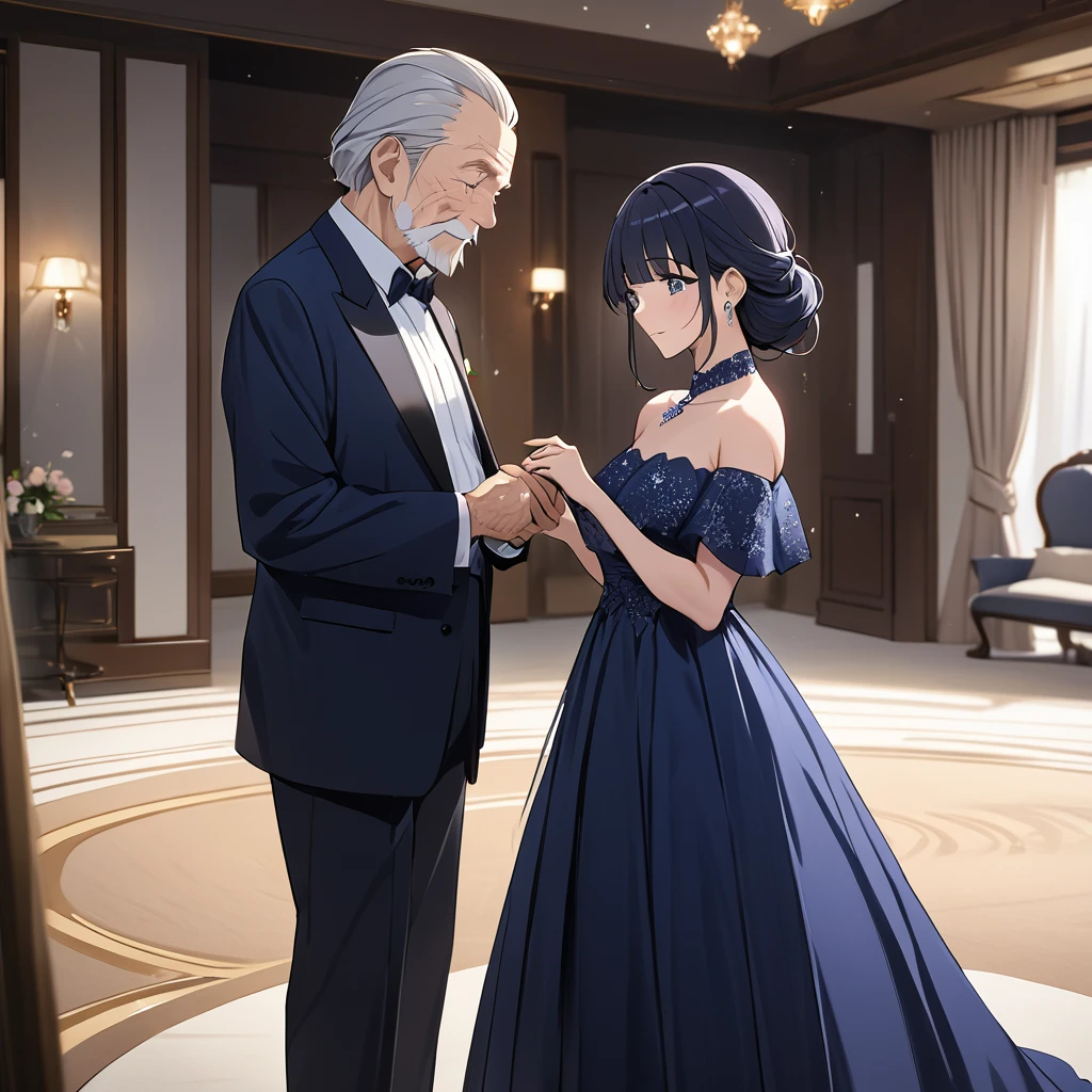 ((Highest quality)), ((masterpiece)), (detailed), （Perfect Face）、The woman is Aoki Reika, with midnight blue semi-long hair, wearing a gorgeous formal dress and an engagement ring.、The woman is in formal attire, standing beside an elderly man.、The woman is dressed formally, standing beside her elderly husband as his wife.、The old man is wearing an engagement ring