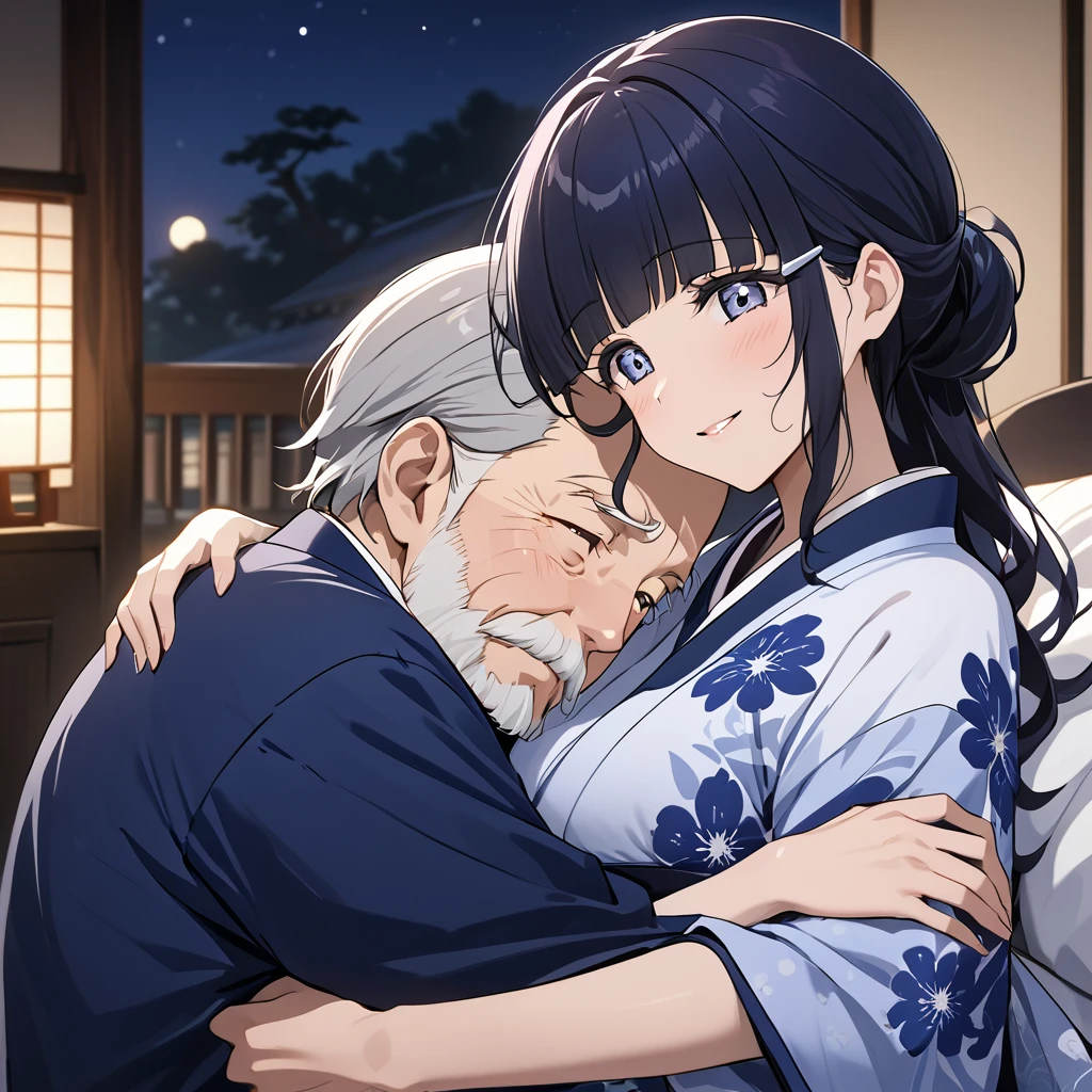 ((The woman is leaning against an old man, holding a baby.))、((Highest quality)), ((masterpiece)), (detailed), （Perfect Face）、The woman is Aoki Reika, with midnight blue semi-long hair, wearing a luxurious and glittering kimono, her hair tied in a Japanese style, and she is wearing an engagement ring.、The woman is happily nestled against her elderly husband in their traditional Japanese-style bedroom at night, cuddling their baby.、The old man is wearing an engagement ring