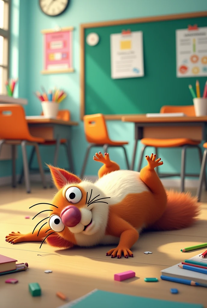 1 Dead squirrel, cartoon style, classroom in the background, x as eyes, tongue out, lying dead on its back