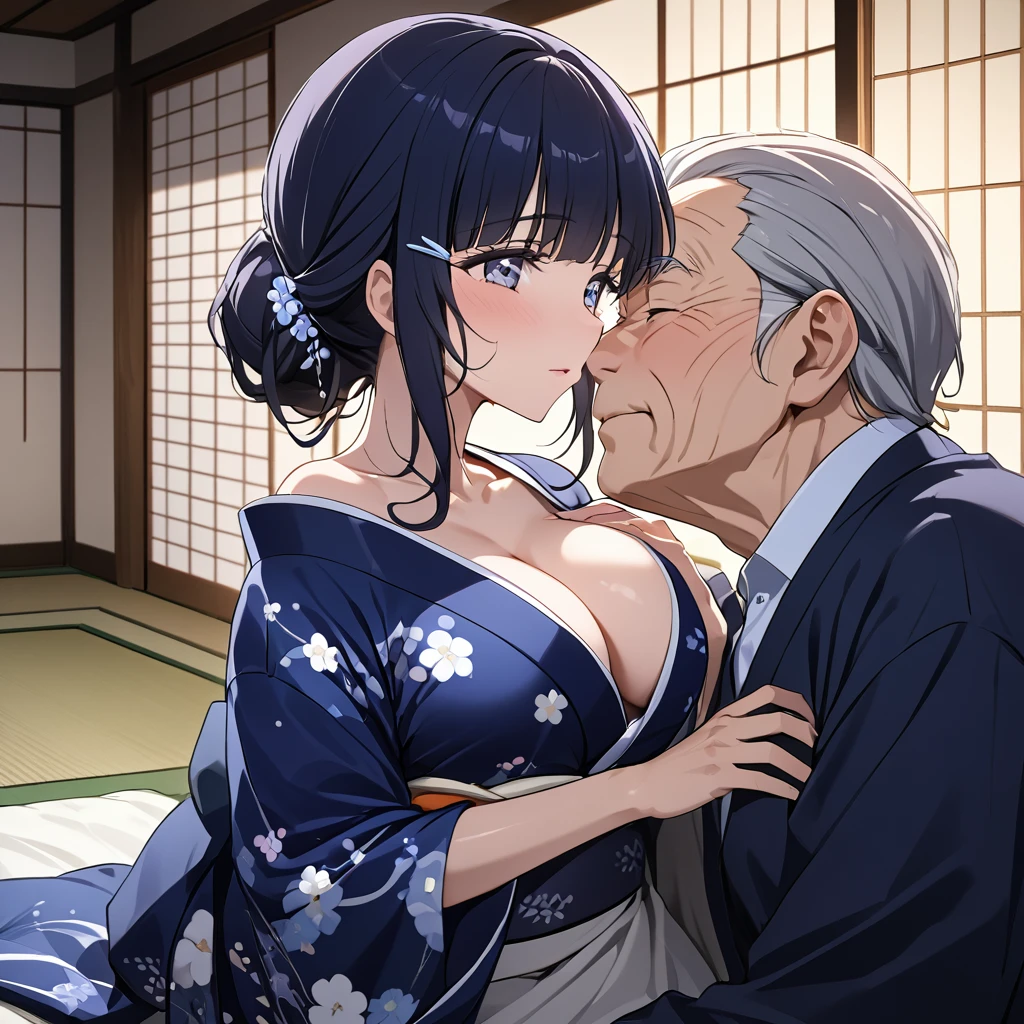 ((Highest quality)), ((masterpiece)), (detailed), （Perfect Face）、The woman is Aoki Reika, with midnight blue semi-long hair, wearing a luxurious and glittering kimono, her hair tied in a Japanese style, and she is wearing an engagement ring.、The woman is lying next to an elderly man on the futon in the tatami room at night.、The woman is being fondled and embraced by an old man, her breasts being squeezed. He kisses her and she reaches a climax, looking blissful.、The old man is wearing an engagement ring