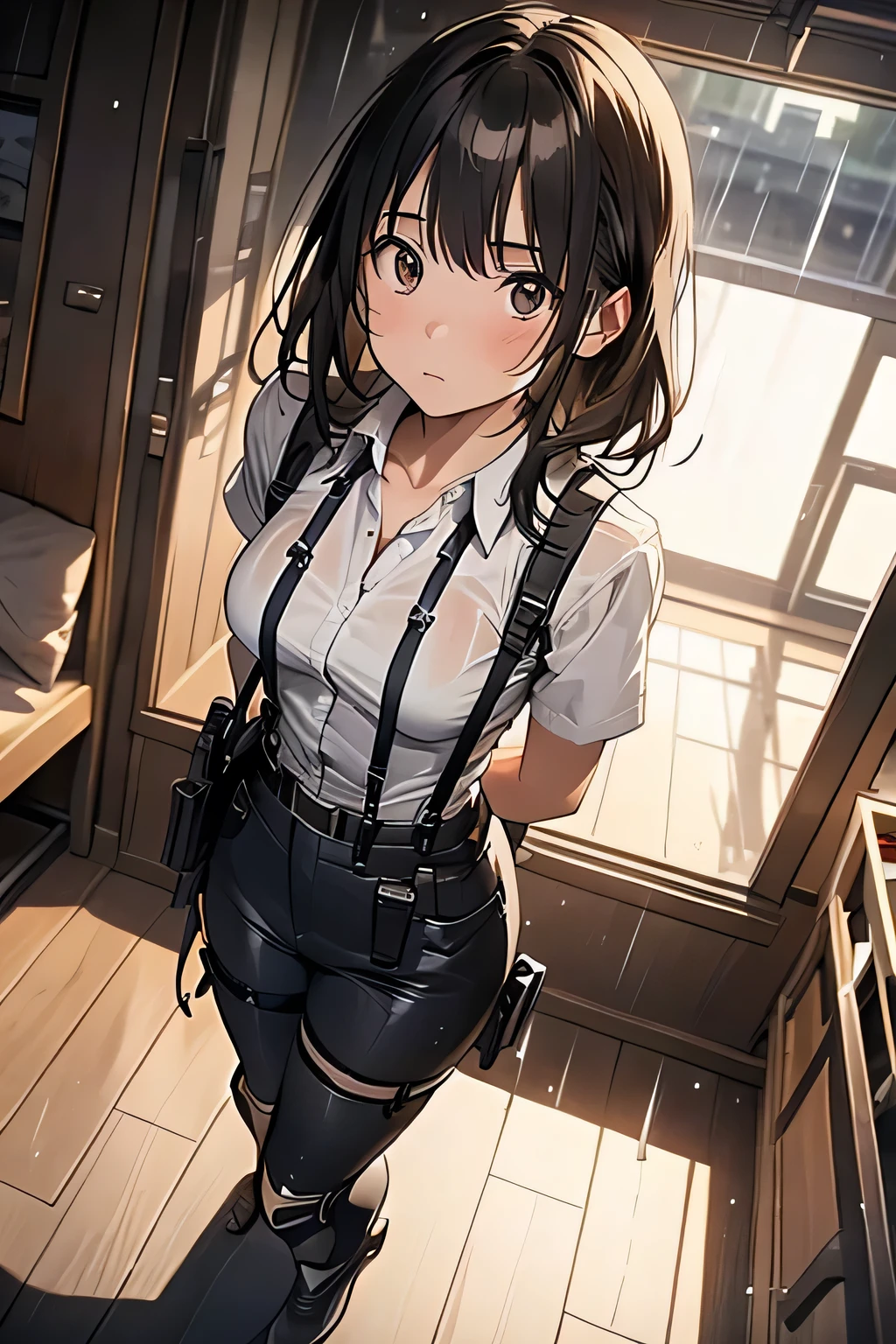 1 female, , high quality, masterpiece, Ultra-high resolution, , Cinema Lighting, , , And the suspenders with the cranes flying Large Breasts Small face holster Lying in bed Looking up Sweat belt summer 脇Sweat Black Hole Gloves suit shirt Black jacket Black trousers Leg Links ズボンにbelt holster Hands behind your back Anxious expression Looking up Anxious face, legs apart Armament Cable ties レッグholster holster See-through clothing heavy rain Getting wet in the rain