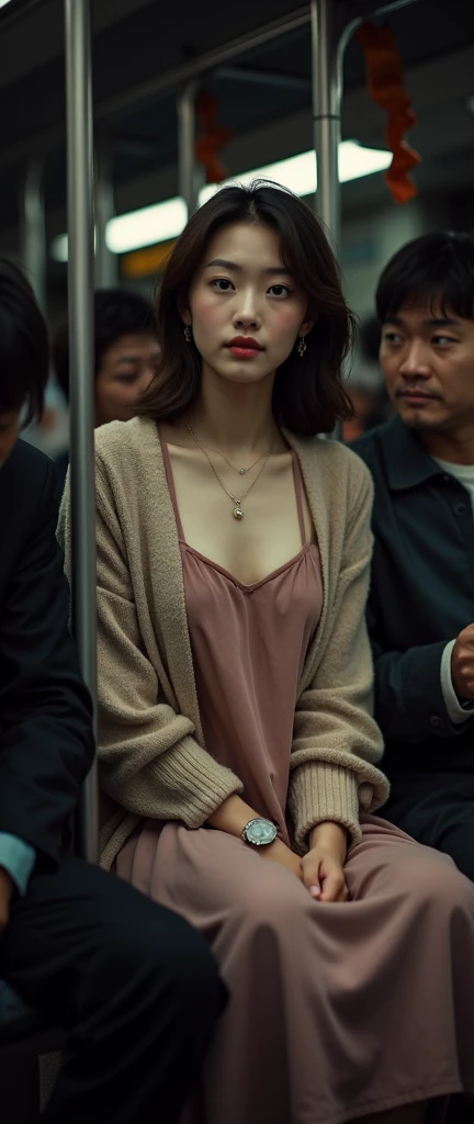 (32K:1.9, Highest quality, masterpiece, Ultra-high resolution, Professional low-angle camerawork:1.5, Very detailedな肌と顔の質感:1.4), Always accurate, Very detailed, bag, (((Crowded train:2.0, The crazy behaviour of men:2.2, The man touched her body part.:2.5))), ((25 year old Japanese woman, Big breasts on the verge of collapse:1.2, Camisole dress and cardigan:1.5, Incredibly slim body:1.3, areola is not visible)), belt, Fair skin, elegant, sense of cleanliness, Thin eyebrows, (Big eyes that exude beautiful eroticism:0.4, A shy smile:1.0, I despise you from the bottom of my heart:0.8, Please open your mouth a little, lipstick, Feel the beautiful eroticism:0.9, Dark brown medium hair), Earrings, necklace, bracelet, romantic, mysterious, Object of admiration, original, dramatic, artistic, Innovative, charm, Heartful, Fancy, Tilt, sense of loss, special, ((exciting, Extreme, sense of openness, suffering, sufferingの表現)), (((Mistakes of youth, 女性的なcharm)))