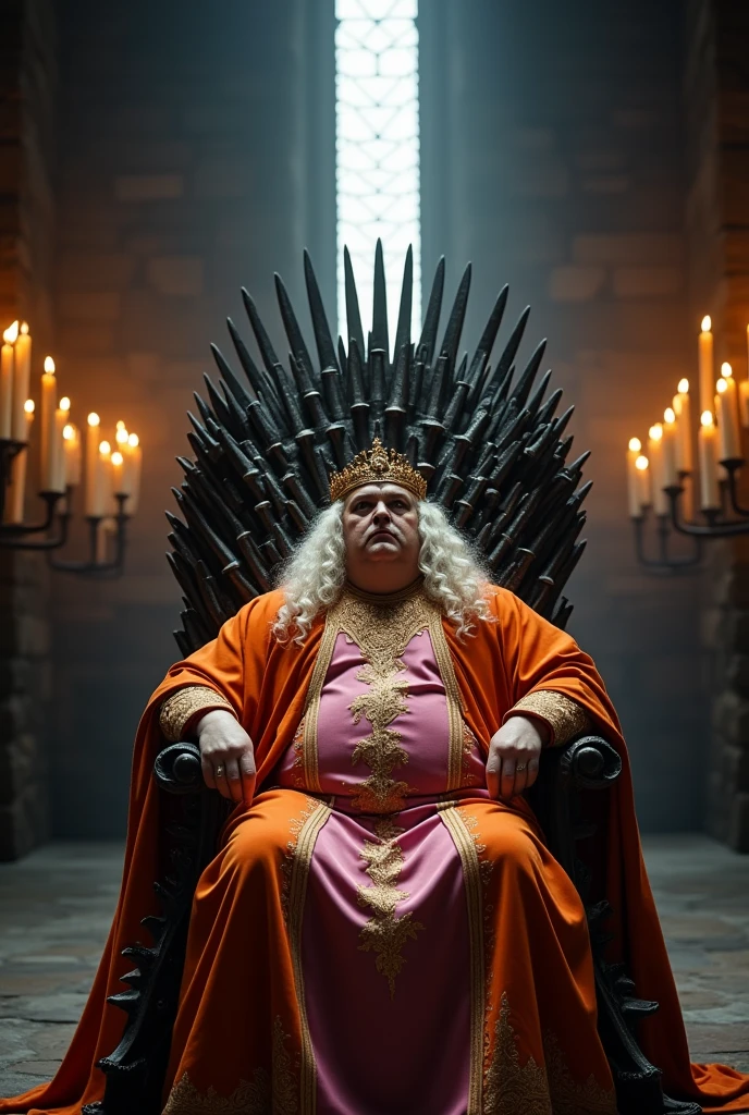 A fat Aegon Targaryen with belly fat and long curly platinum blonde hair, he's wearing a royal orange and pink king Gown with golds, he's sitting on the iron throne,a golden ring shaped crown on his head,long Shot camera angle ,with a dark Throne room background and a long vertical window behind the throne,and candles on black walls of hall