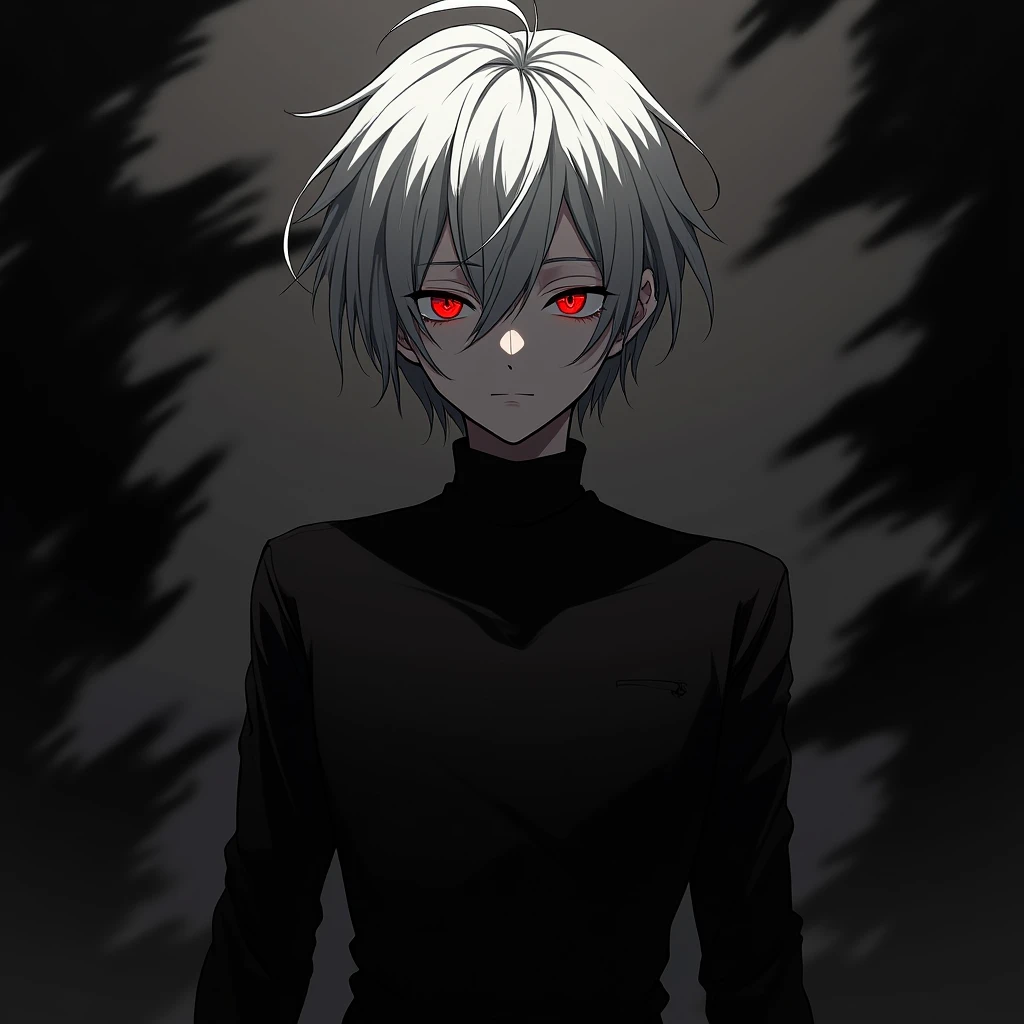 (absurdres, highres, ultra detailed),(Masterpiece, best quality:1.2),Anime boy with white hair and red eyes staring at the camera, glowing red eyes,slim, wearing a black outfit,shadow body,dark, monochrome, wallpaper,