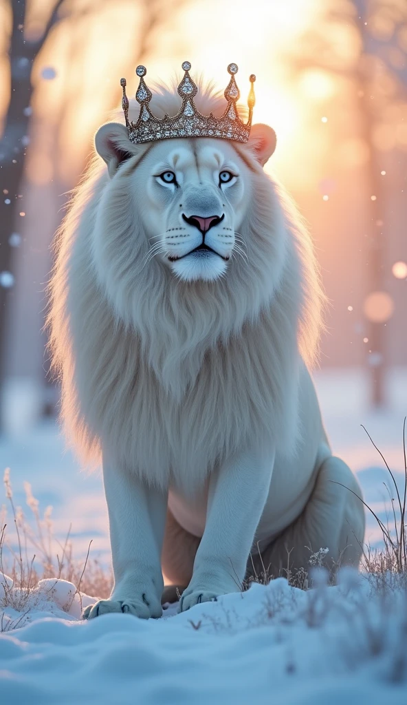 Generate an ultra realistic 8k image of an Albino lion with a large mane , a king&#39;s crown with diamonds on his head and beautiful strong robust with blue eyes strong handsome, staring at the sunrise in the snows