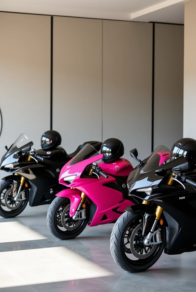 Villa parking room, park 3 sports bick in 3 halmats 2 bick black colour and 1 pink