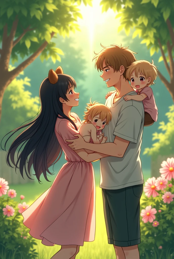 An anime woman with long black hair and brown cute bear ears and she is holding her baby son in her arms and she is standing with her husband he has brown-blonde hair and he is holding his toddler daughter and they are standing in their backyard
