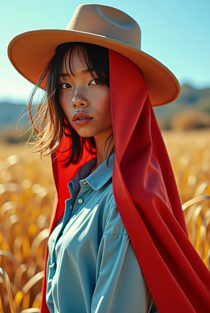 Jeune femme en chapeau portant une chemise sur la tête, dans le style bleu ciel clair et rouge foncé, fujifilm pro 400H, kintsugi, Alex Colville, euh image, Style Troubadour, Portrait fauve (Coup moyen)