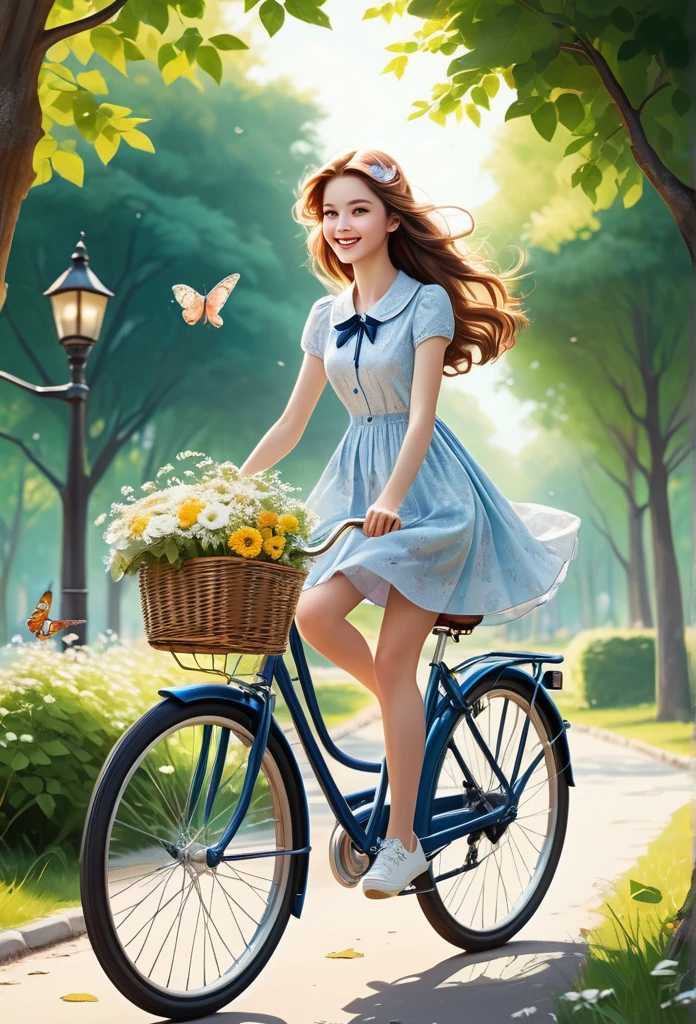 Realistic style, vivid silhouette, ((masterpiece)), top quality, A  girl with long, straight hair and pale, clear skin., With a pretty and cute face and delicate features_delicate eyes, Riding a vintage bike through the park. A cute cat is in the bicycle basket., She was wearing a light summer dress that blew in the wind., Her smile radiates joy as she pedals along the tree-lined path... 8K Ultra HD, surreal,