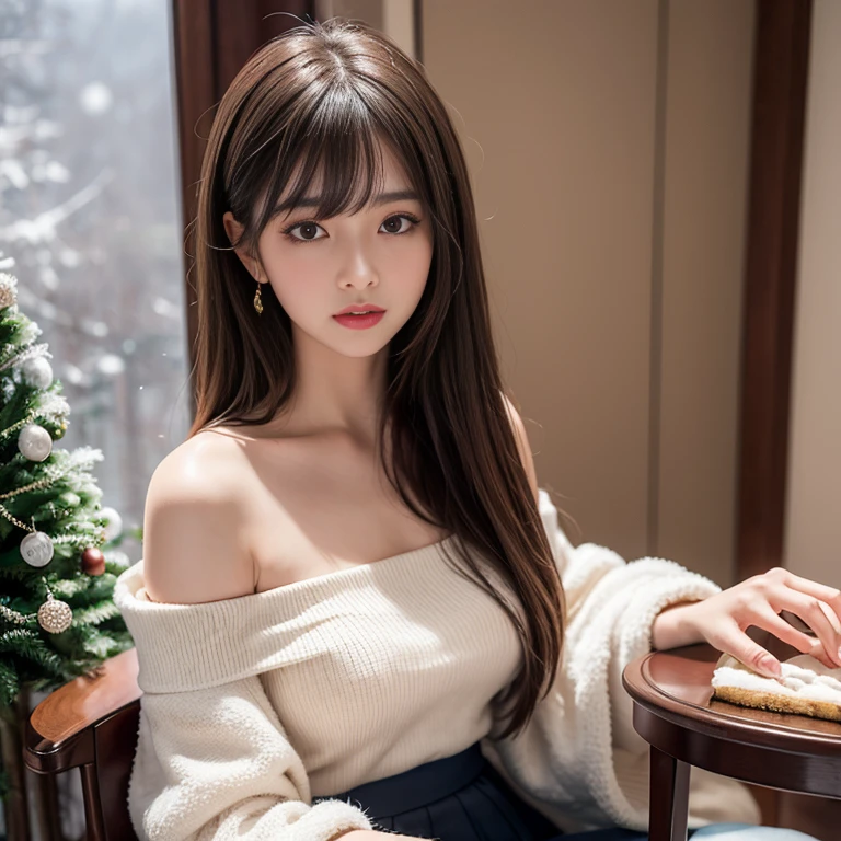 long skirt,skirt, 粉紅色skirt，(knee shot), 1 woman, On the face, light brown hair, blunt bangs, hair behind ears, Hair over the shoulders, long hair, Slender body type, Super thin face, face slimming, delicate lips, beautiful eyes, Thin blush, Eyes are light brown,Check it out here, (realistic:1.3), There is a coniferous forest with heavy snow., It's snowing .One person's perspective, 8k, On the table, , Super detailed, high quality, best quality, High resolution, ，Large Breasts，H CUP, off -shoulder top