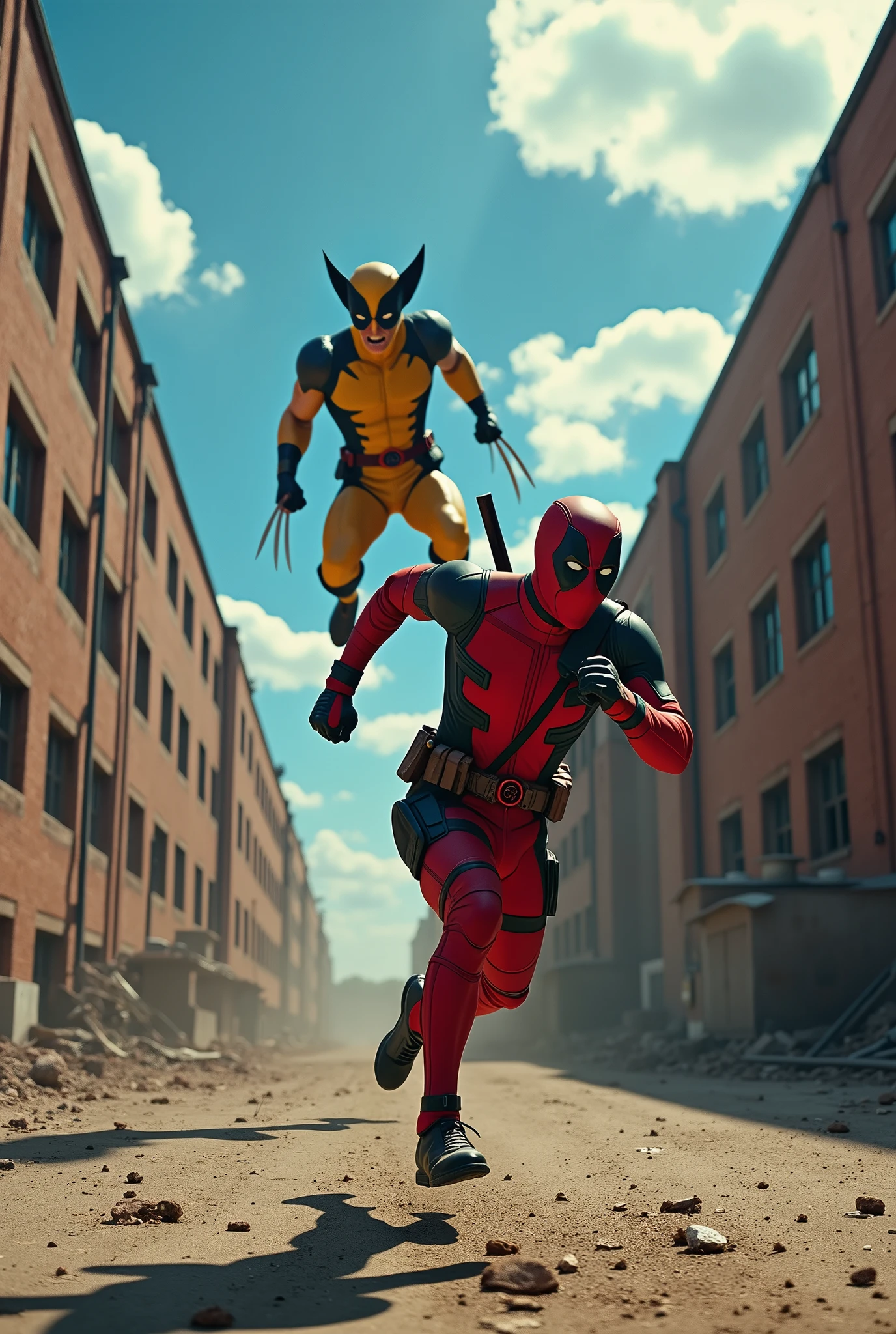 (photorealism:1.2), (HDR quality image), (realism), (detailed parts), the deadpool is running scared he is chasing by the wolverine is jumping so high to catch him, in the old factory warehouse outdoor area, bright and blue sky