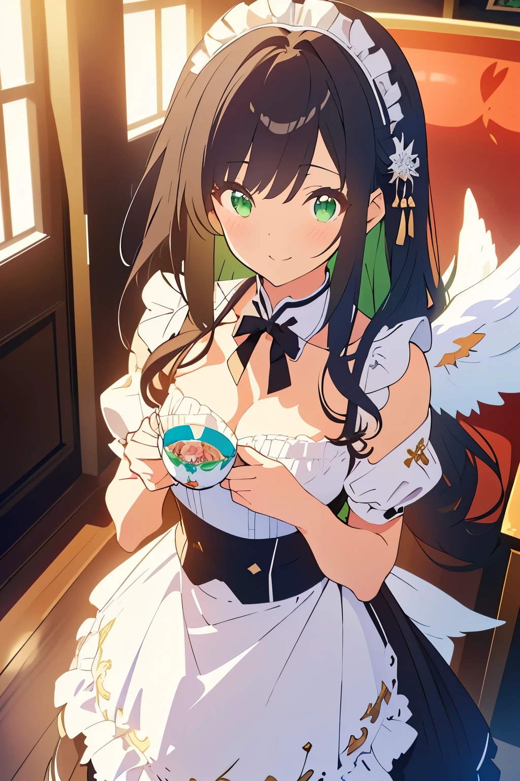 ((masterpiece, Highest quality, High resolution, 超High resolution, Pixel perfect, Written boundary depth, 4K, RTTX 10.0, High resolution))), 1 person, single, alone, Beautiful Anime, Beautiful art style, Anime characters, ((Shortcuts, bangs, Dark brown hair)), ((Green Eyes:1.4, Round eyes, Beautiful eyelashes, current eyes)), ((Smooth texture:0.75, Anime CG style)), ((Dynamic Angle, close)), Perfect body, (cute), Normal chest, whole body, ((4K, 8k, Highest quality, Perfect Fingers: 1.3, Perfect Anatomy: 1.3, Background Blur)), whole bodyアングル, Illustration of a female angel wearing a maid outfit, The character is an angel with pure white wings.、She wears a classic black and white maid outfit。, The maid outfit is decorated with frills and ribbons.、Elegant and lovely design。, She smiled gracefully.、Holding a teacup in his hand。, A soft light shines in the background。
