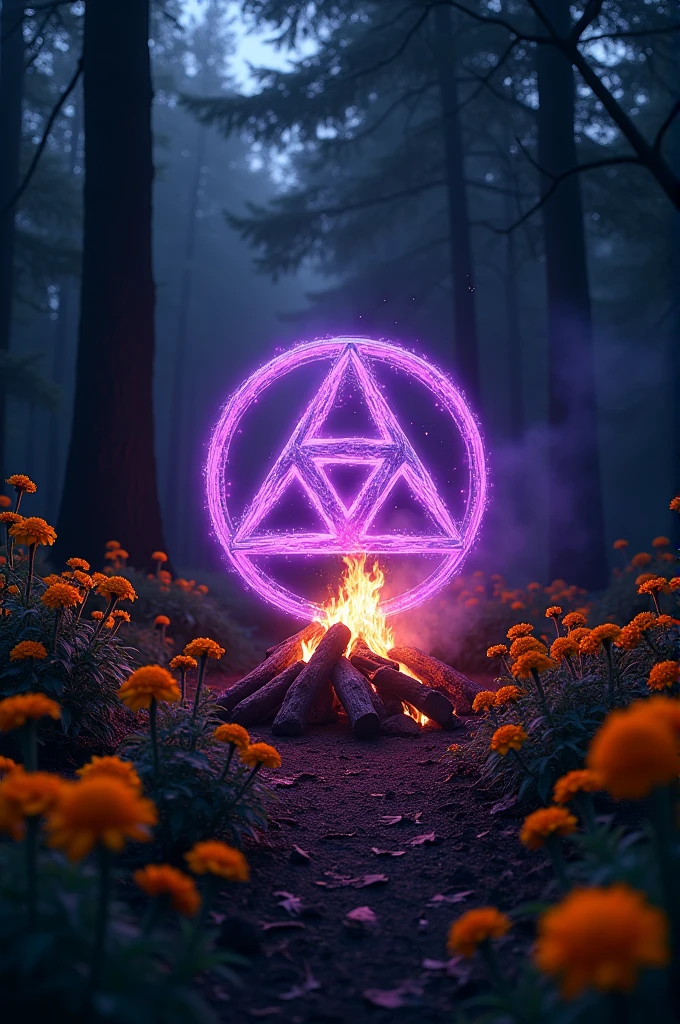 a big triquetra with purple shining in the woods, with a bonfire in the background, the ground full of marigold flowers, at night