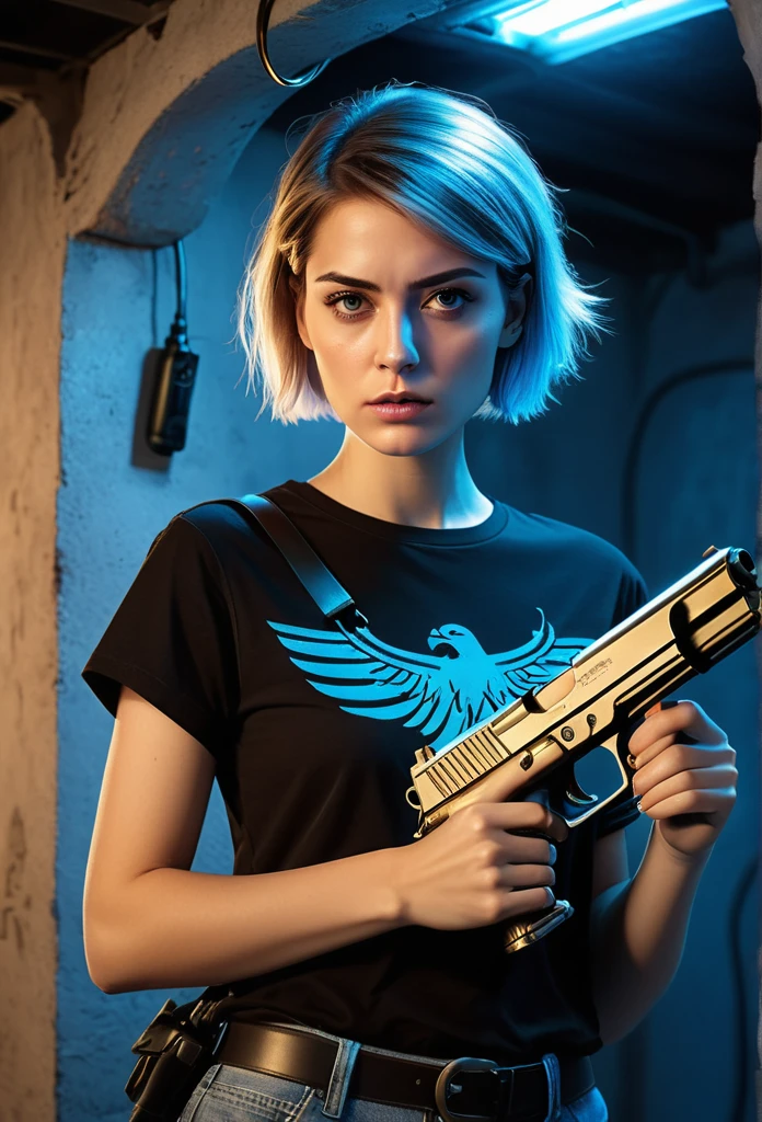 picture, (realistic: 1.4), (surrealist: 1.4), (cinematic: 1.5), Woman in her 20s, Germany, woman with a gun, (Desert Eagle), Nikita, night, Blue Light, nervous, Short hair, With a gun in both hands, basement, black t-shirt, Electrical cord on the wall, water pipe