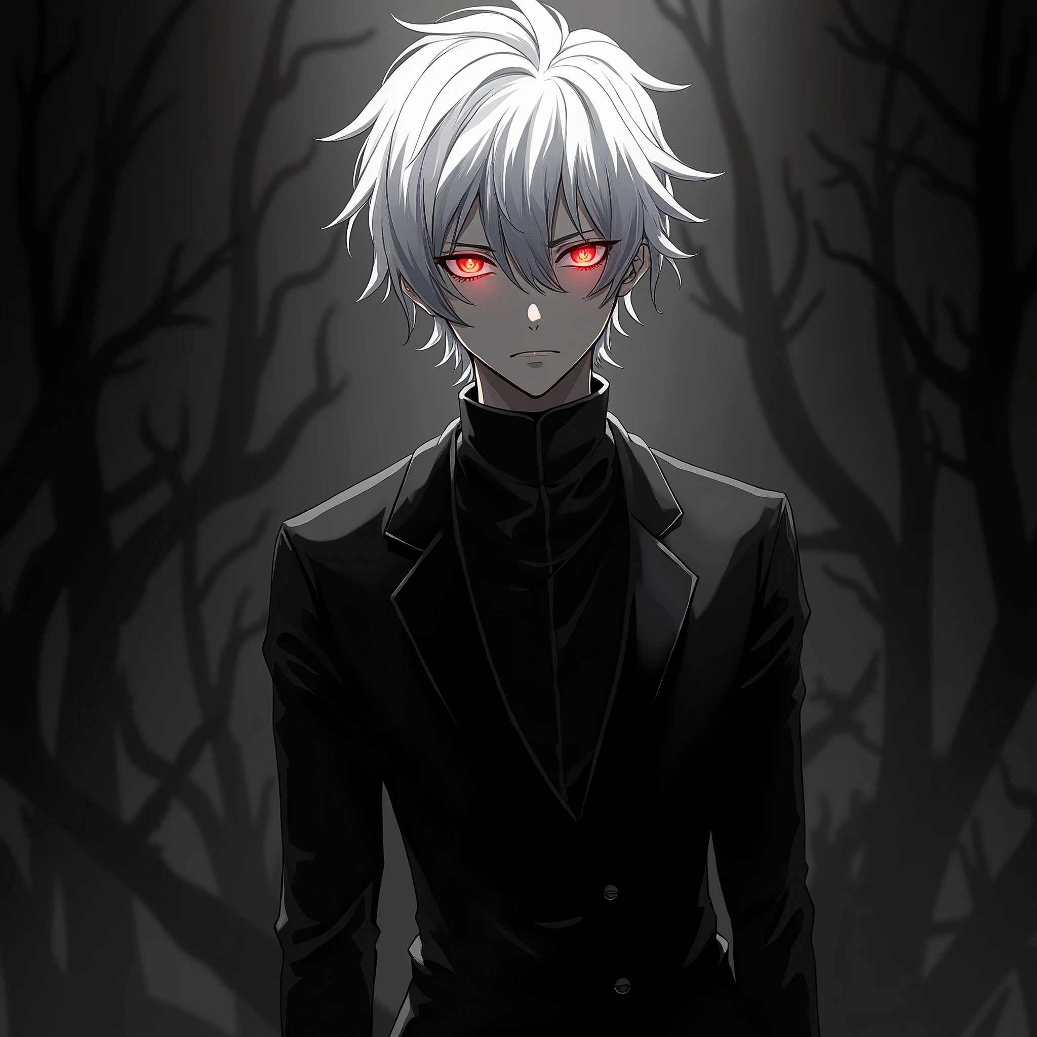 (absurdres, highres, ultra detailed),(Masterpiece, best quality:1.2),Anime boy with white hair and red eyes staring at the camera, glowing red eyes,slim, wearing a black outfit,shadow body,dark, monochrome, wallpaper,