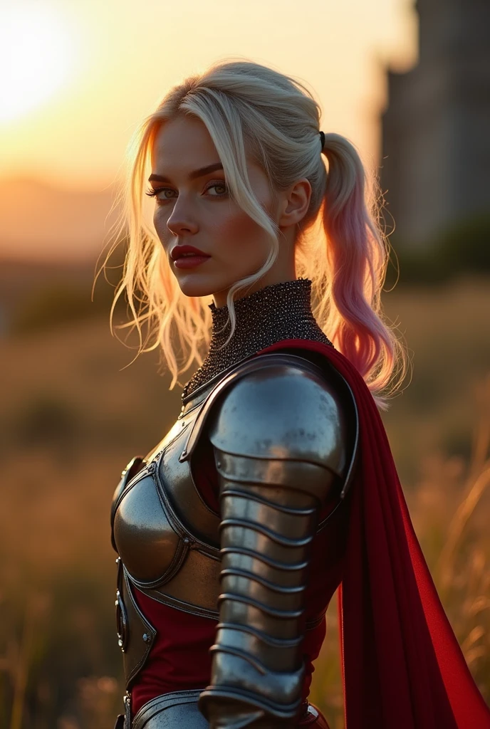 A detailed realistic L-SHOT of masterpiece), (extremely intricate), {perfect face} (realistic), SUPERMAN Fecks' Harley Quinn, the most beautiful in the world, (medieval armor), metal reflections, upper body, outdoors, intense sunlight, far away castle, professional photograph of a stunning woman detailed, sharp focus, dramatic, award winning, cinematic lighting, , volumetrics dtx, (film grain, blurry background, blurry foreground, bokeh, depth of field, sunrise, interaction, Perfect chainmail)