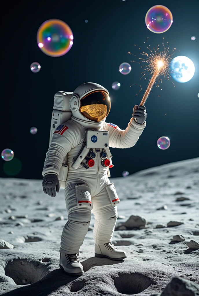 An astronaut using a wand to blow huge bubbles, that float slowly in the lunar atmosphere and reflect the surrounding landscape.