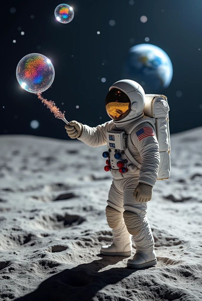 An astronaut using a wand to blow huge bubbles, that float slowly in the lunar atmosphere and reflect the surrounding landscape.