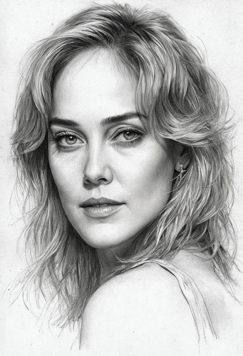 A delicate, graphite sketch portrays, a beautiful Sharon Stone,  without back ground, her features rendered in subtle shading and precise lines. The framing is tight, focusing attention on the subject's serene face. Soft, feathery strokes convey the gentle texture of her hair, 