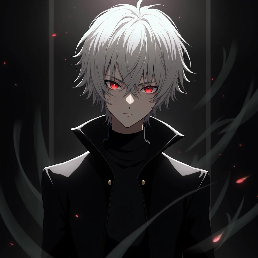 (absurdres, highres, ultra detailed),(Masterpiece, best quality:1.2),Anime boy with white hair and red eyes staring at the camera, glowing red eyes,slim, wearing a black outfit,shadow body,dark, monochrome, wallpaper,
