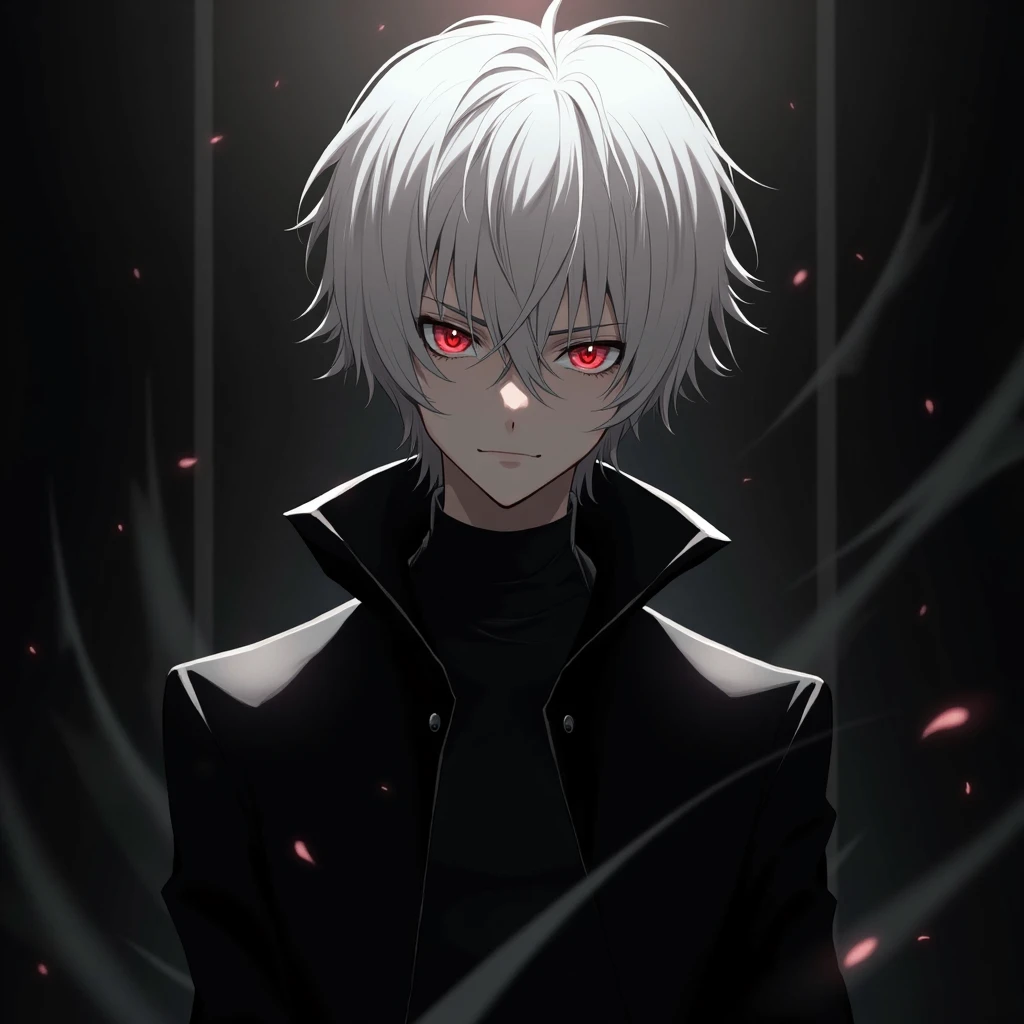 (absurdres, highres, ultra detailed),(Masterpiece, best quality:1.2),Anime boy with white hair and red eyes staring at the camera, glowing red eyes,slim, wearing a black outfit,shadow body,dark, monochrome, wallpaper,