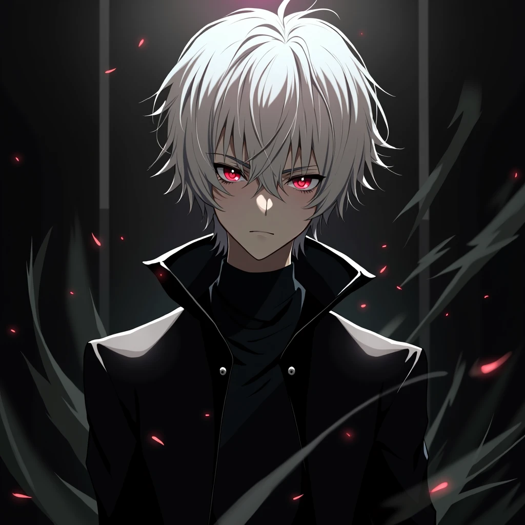 (absurdres, highres, ultra detailed),(Masterpiece, best quality:1.2),Anime boy with white hair and red eyes staring at the camera, glowing red eyes,slim, wearing a black outfit,shadow body,dark, monochrome, wallpaper,