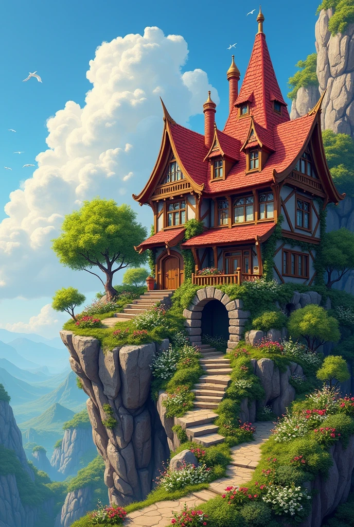 Vibrant, detailed digital painting of a whimsical, multi-story house perched on a rocky cliff. The house features a mix of wooden and stone elements, with steep, red-tiled roofs and multiple chimneys. The structure is surrounded by lush greenery, including trees, bushes, and colorful flowers, creating a lively and enchanting atmosphere. The sky is filled with fluffy, white clouds against a bright blue backdrop, adding to the overall cheerful and magical feel of the scene. The painting is rich in color and texture, with intricate details that bring the fantasy setting to life.