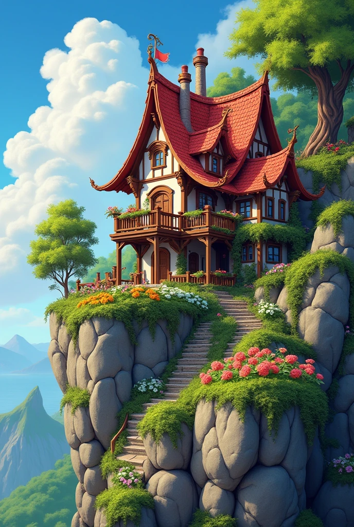 Vibrant, detailed digital painting of a whimsical, multi-story house perched on a rocky cliff. The house features a mix of wooden and stone elements, with steep, red-tiled roofs and multiple chimneys. The structure is surrounded by lush greenery, including trees, bushes, and colorful flowers, creating a lively and enchanting atmosphere. The sky is filled with fluffy, white clouds against a bright blue backdrop, adding to the overall cheerful and magical feel of the scene. The painting is rich in color and texture, with intricate details that bring the fantasy setting to life.