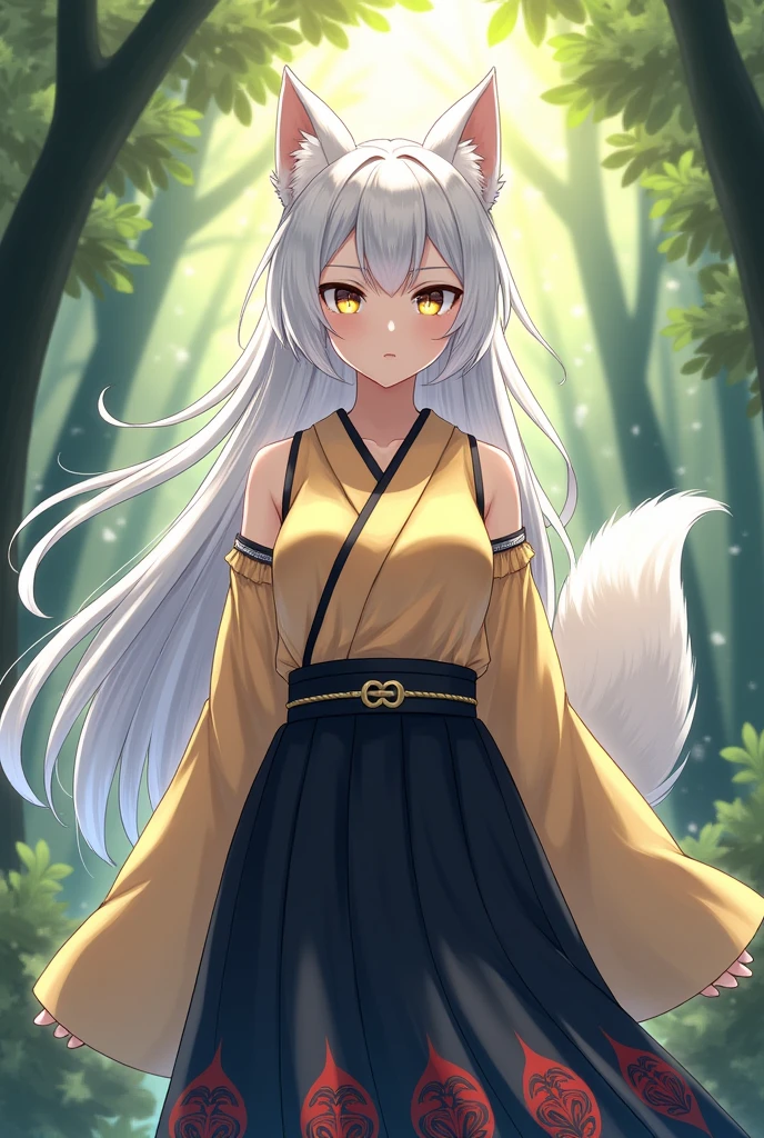 Inubashiri Kaede Female D cup Long hair Upper body is white bright clothes、The lower body is a black skirt with red and white decorations at the hem.（Hakama）Dog ears, tail, white hair