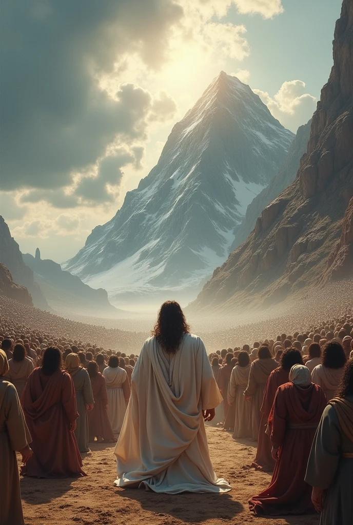 (Photorealism:1.2), Mount Sinai. cloud, sky. Moses meets God. Moses Approaches the Mountain. Make the clothes longer. Make people big. Moses praying. Figure big. 업드려서 Moses praying
사람 더 크게. Moses meeting with the leaders. Moses followed by the people. Moses followed by 2 million people. White outerwear. The posture of the people kneeling down and praying. The people are afraid and fall down.