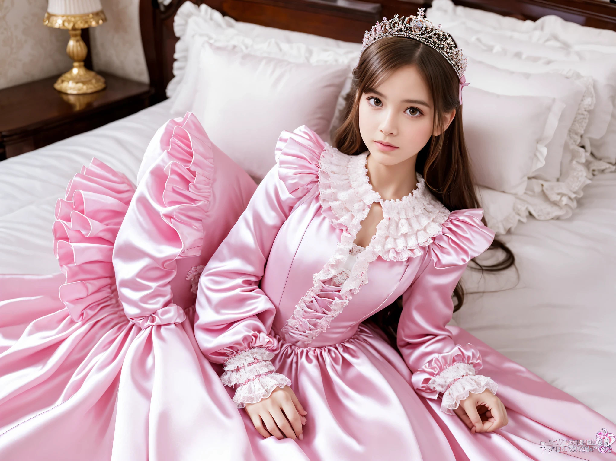 ,highest quality, masterpiece, highest resolution, artwork, super それにget used to it, many get used to it, get used to it, それにget used to it, 3k realistic pictures,,((10 year old little girls)),Ultra-detailed juvenile face,three are princesses,full length ball gown dress with hoop skirt,ruffled yoke collar,puff sleeves,long sleeve,((Lolita style hot pink detailed princess satin dress with lots of ruffles and ribbons)),Rococo style lolita fashion,shiny satin dress,Soft and smooth fabric,luxury,long blonde hair,blue eyes,white skin european,Pajama,((in the bedroom)),luxury princess canopy frilled bed,super detailed bed,lying on the bed,High-quality background,