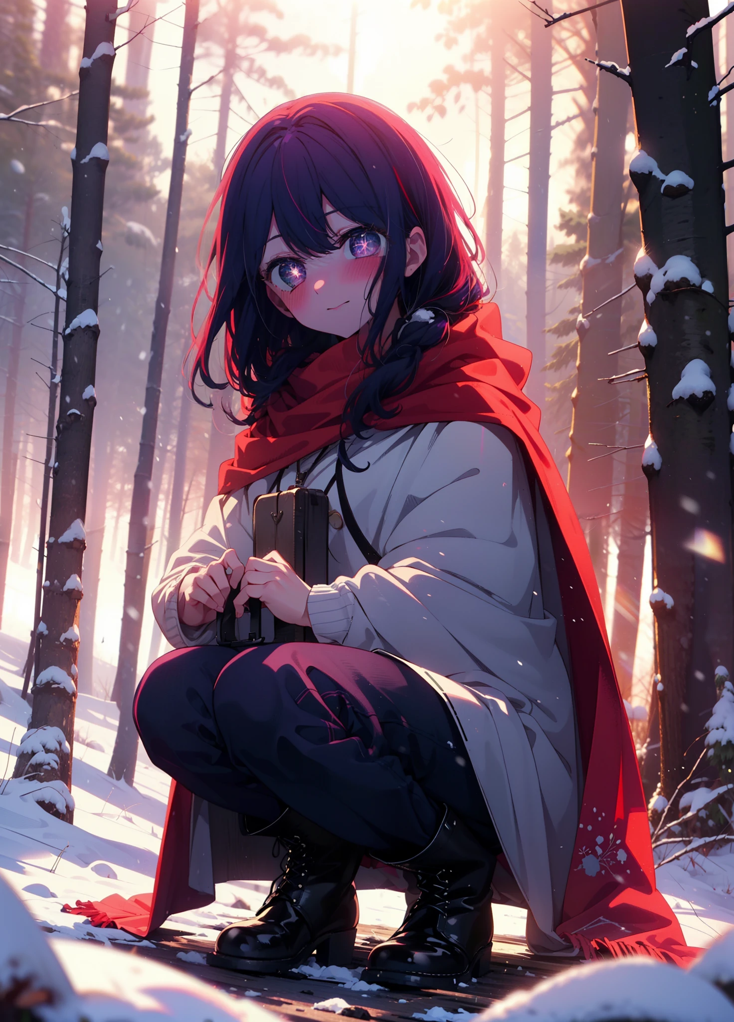 aihoshino, Ai Hoshino, Long Hair, bangs, (Purple eyes:1.1), Purple Hair, (Symbol-shaped pupil:1.5), smile,,smile,blush,white breath,
Open your mouth,snow,Ground bonfire, Outdoor, boots, snowing, From the side, wood, suitcase, Cape, Blurred, , forest, White handbag, nature,  Squat, Mouth closed, Cape, winter, Written boundary depth, Black shoes, red Cape break looking at viewer, Upper Body, whole body, break Outdoor, forest, nature, break (masterpiece:1.2), Highest quality, High resolution, unity 8k wallpaper, (shape:0.8), (Beautiful and beautiful eyes:1.6), Highly detailed face, Perfect lighting, Highly detailed CG, (Perfect hands, Perfect Anatomy),