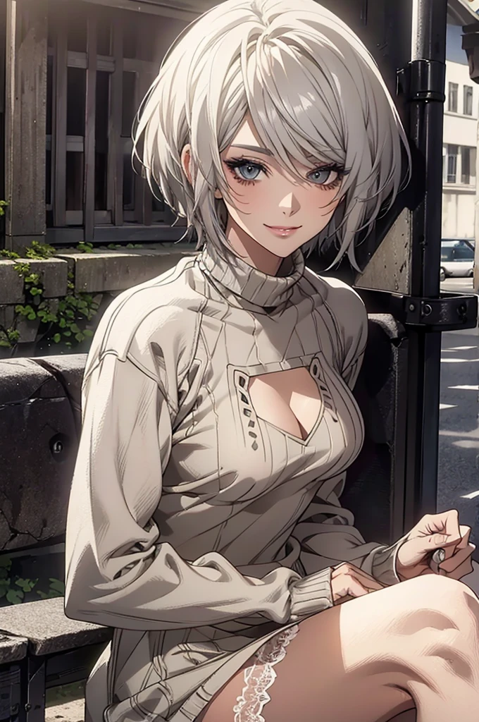 Highest quality, High resolution, Very detailed), Realistic, Very beautiful 8K, CG wallpaper, Silver Hair, Super short hair, sweater dress, lace thong, Large Breasts, Perfect Makeup, 24th generation, Beautiful woman, mature, quiet, Calm, A small smile, city Street, sitting,