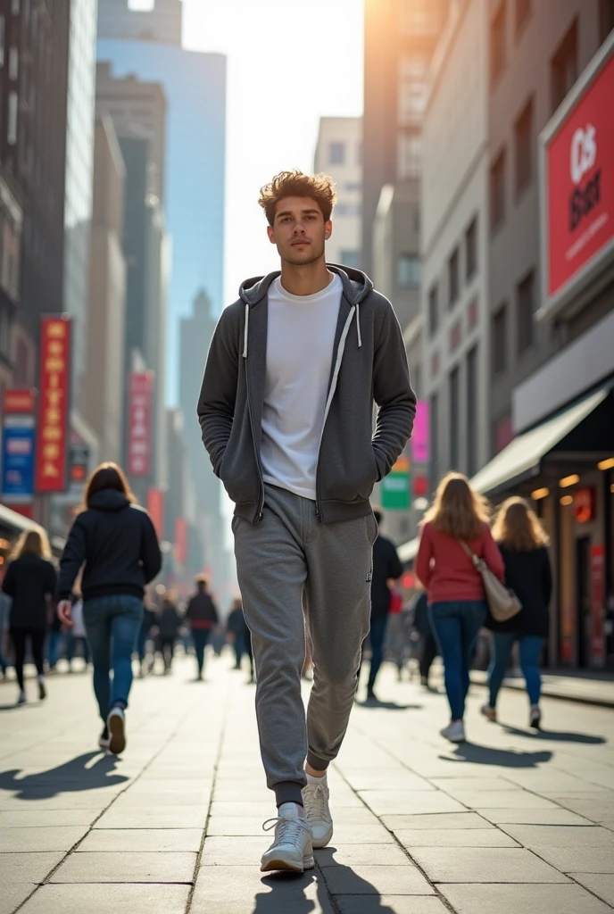 back view of a young man wearing gray sweatpants with pockets and white sneakers walking through the city