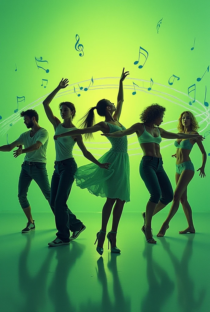 Create a tarpaulin for dance audition, in the background include hiphop, contemporary, retro, pop dancers, etc. green theme, rectangle layout