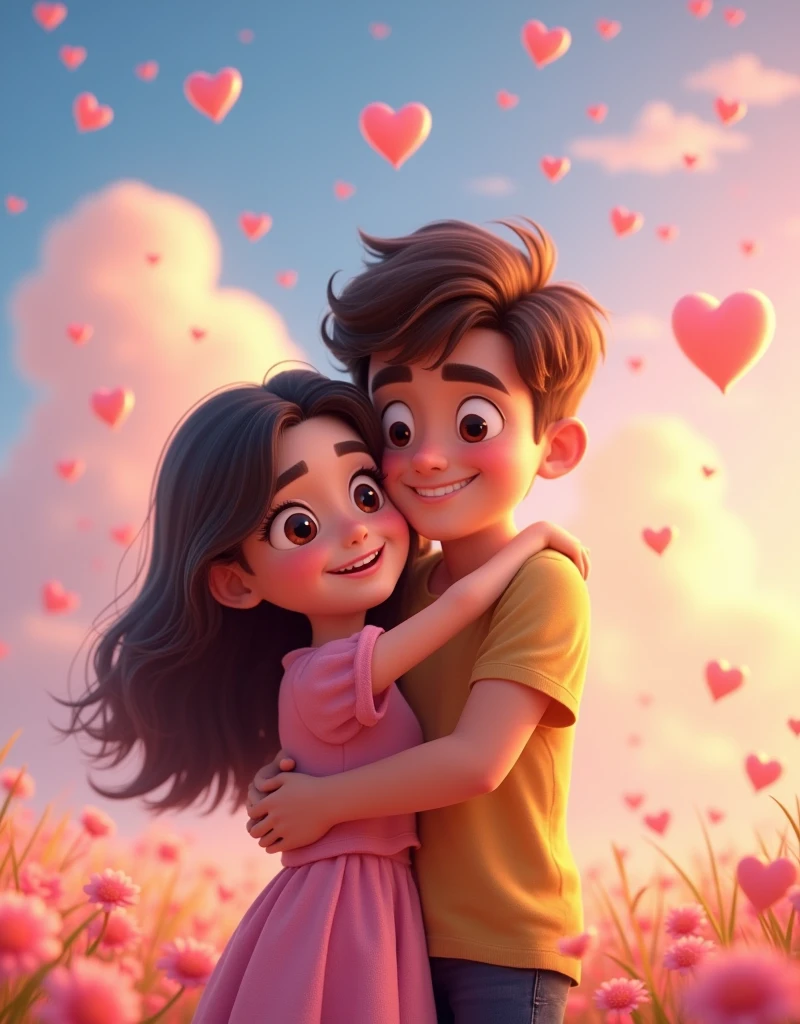 Imagine a charming and whimsical animated scene featuring a couple. Specifically, a boy with dark brown eyes and eyebrows and a girl, who is slightly shorter, with dark brown hair and blonde highlights. The boy is depicted hugging the girl from behind, both of them surrounded by a shower of colorful hearts. The artwork should be in a bold, vibrant, and playful style with a touch of magic, reminiscent of a certain popular 3D animation style.