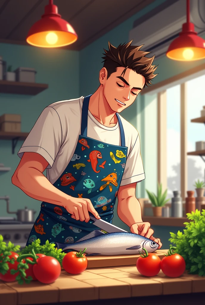 A man wears an apron anime. cooking fish