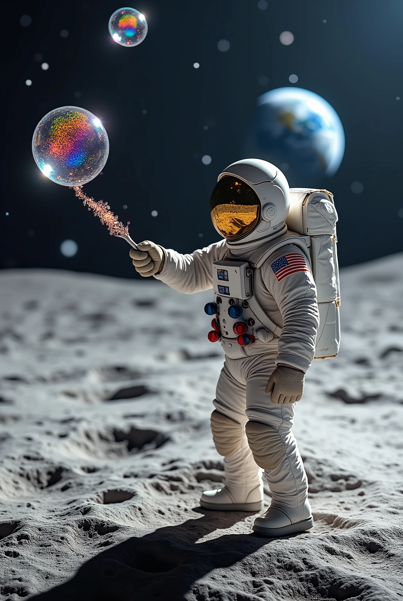 An astronaut using a wand to blow huge bubbles, that float slowly in the lunar atmosphere and reflect the surrounding landscape.