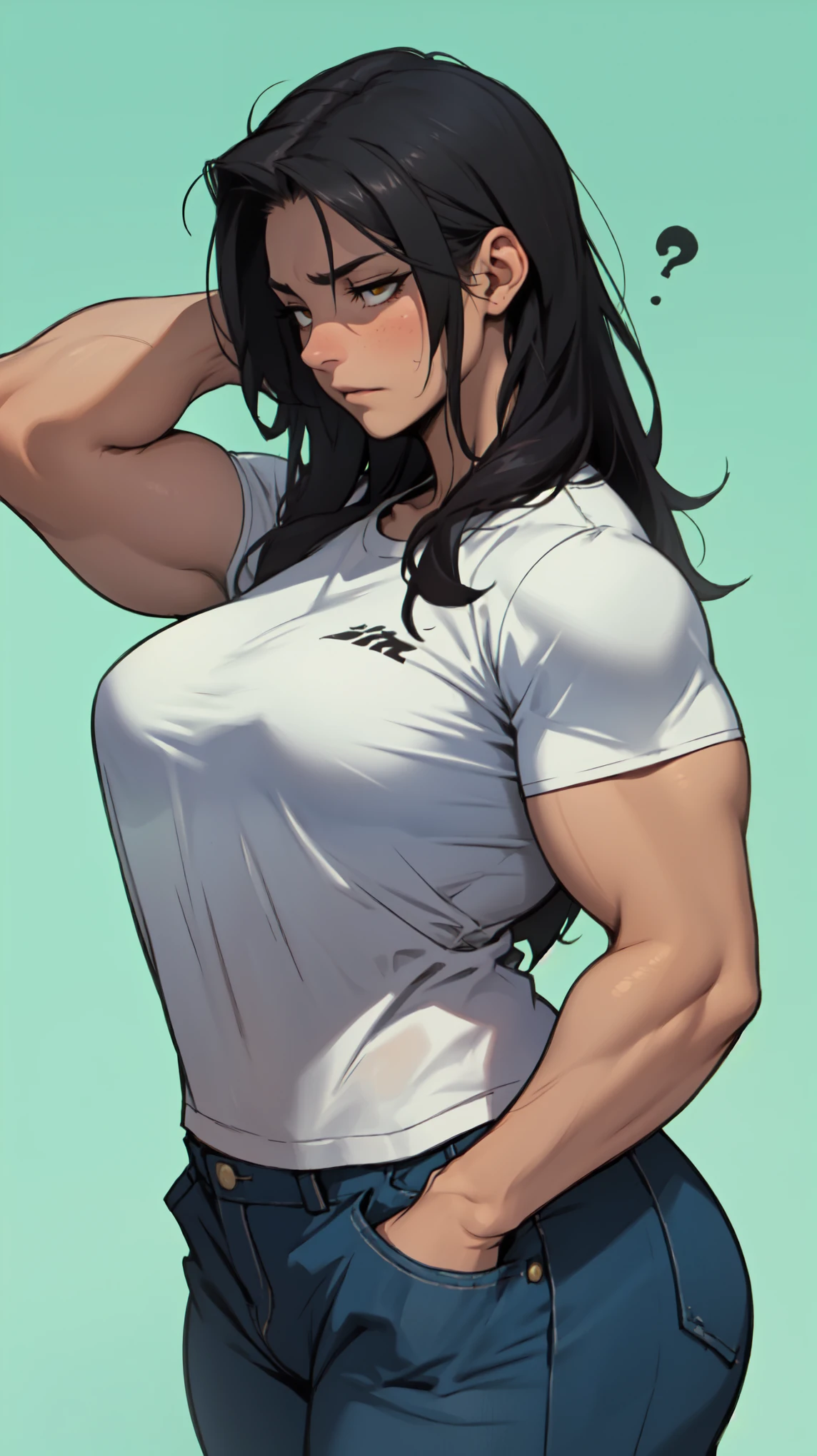 solo muscular girl muscular girl muscular girl thick thick thick breasts breasts breasts massive hair black hair yellow eyes pale skin embarrassed empty eyes sad