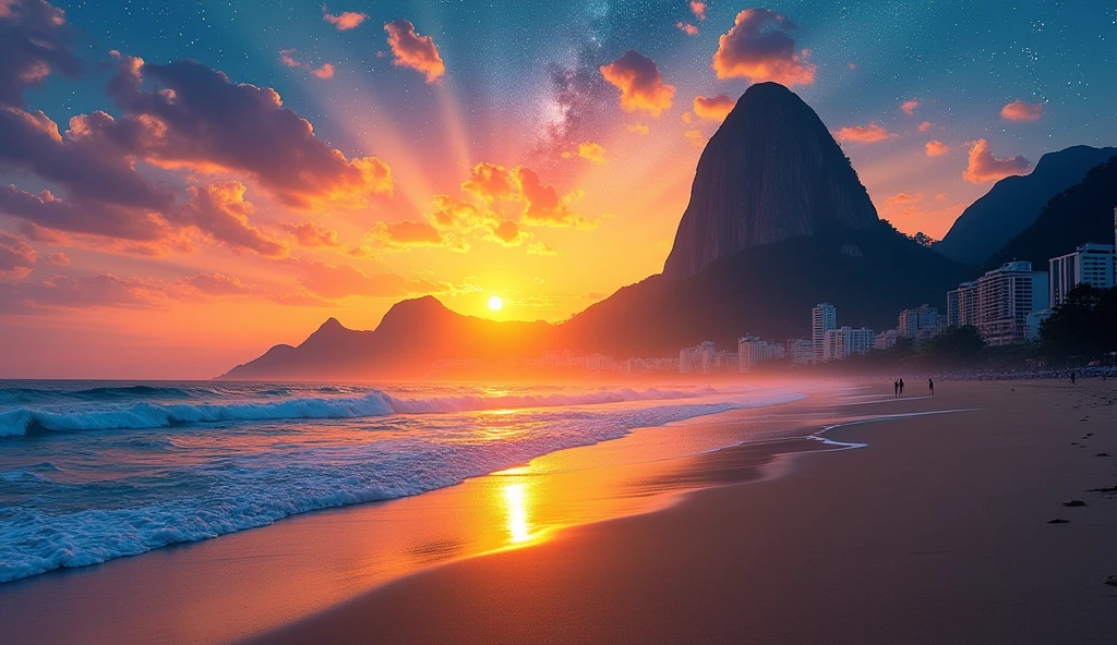 The sun rises、Soft Focus, Bright gradient oil painting, Van Gogh style、dreamer, White background, , Cafe, Copacabana Beach, Sugarloaf, Corcovado, Hilltop favela.、The Milky Way in the sky、The beach is still dark