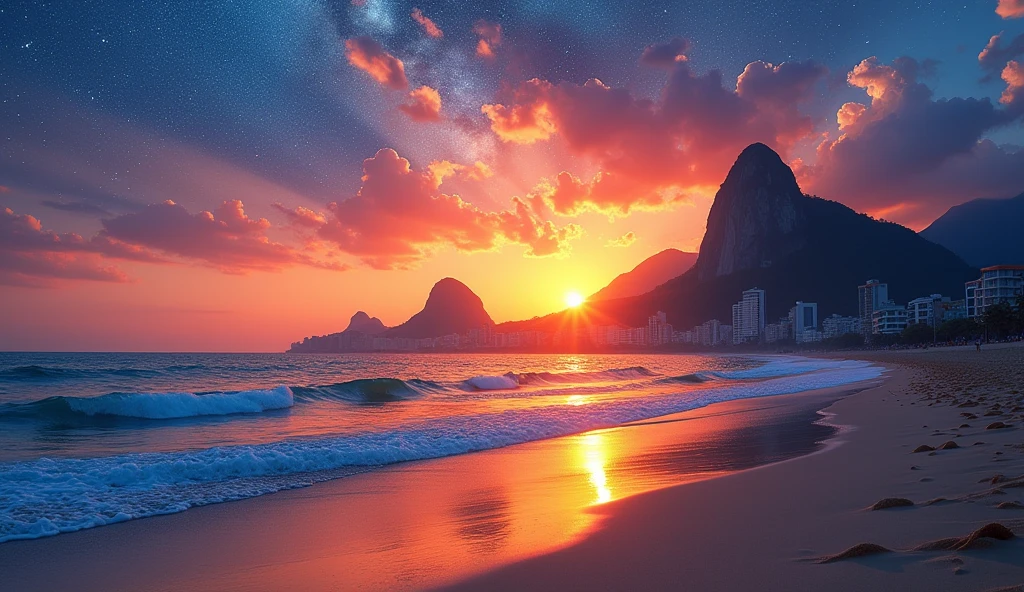 The sun rises、Soft Focus, Bright gradient oil painting, Van Gogh style、dreamer, White background, , Cafe, Copacabana Beach, Sugarloaf, Corcovado, Hilltop favela.、The Milky Way in the sky、The beach is still dark