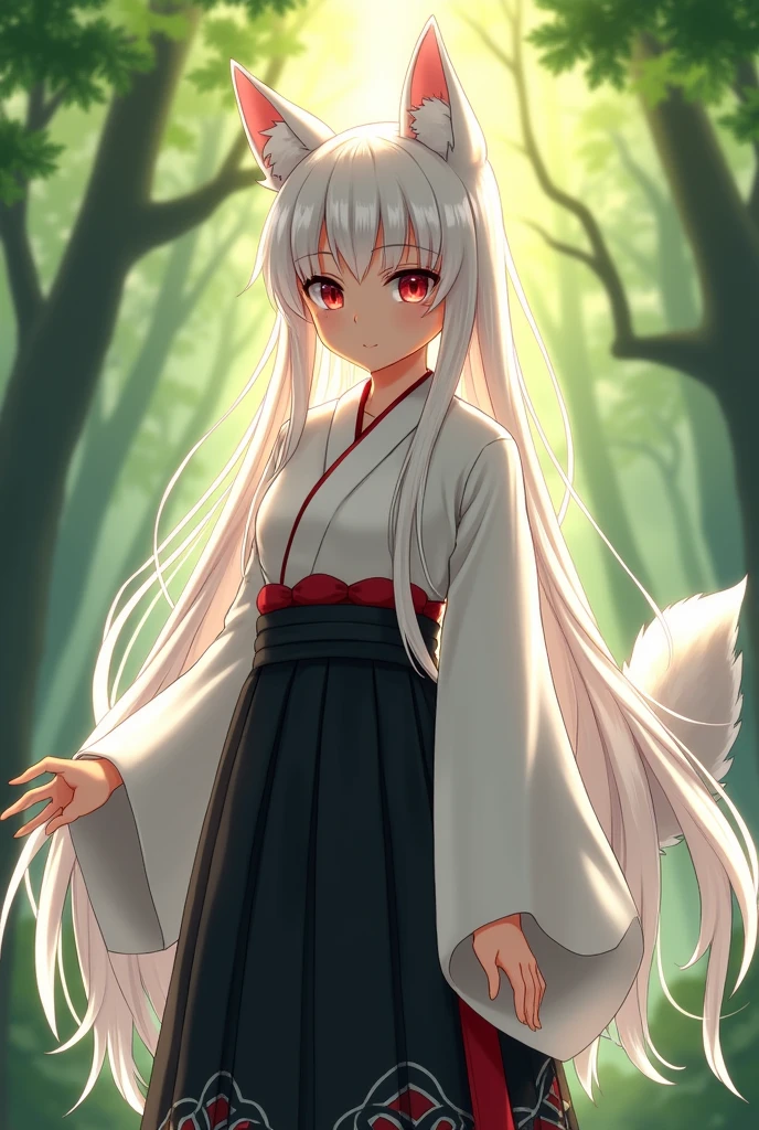 Inubashiri Kaede Female D cup Long hair Upper body is white bright clothes、The lower body is a black skirt with red and white decorations at the hem.（Hakama）Dog ears, tail, white hair, red eyes