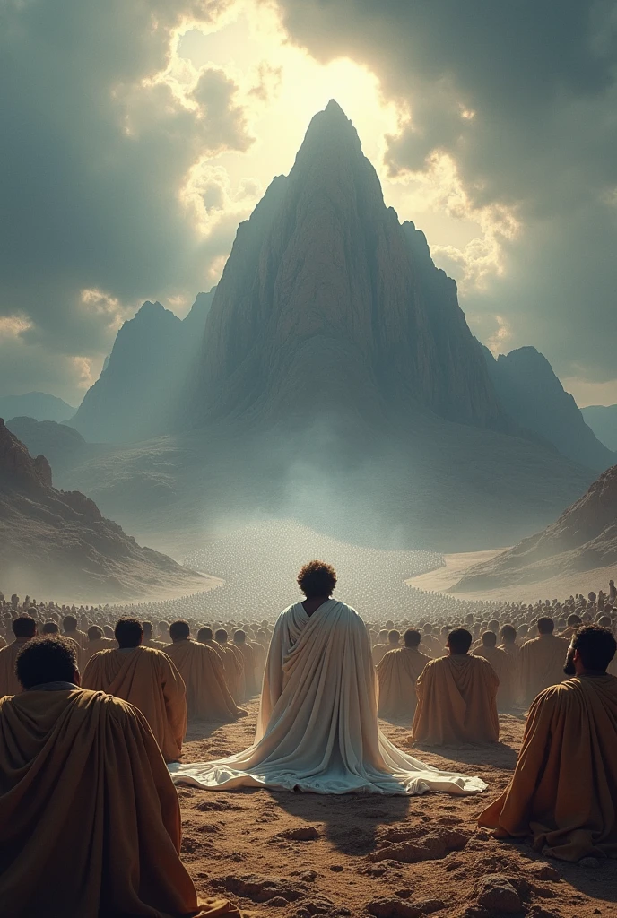 (Photorealism:1.2), Mount Sinai. cloud, sky. Moses meets God. Moses Approaches the Mountain. Make the clothes longer. Make people big. Moses praying. Figure big. 업드려서 Moses praying
사람 더 크게. Moses meeting with the leaders. Moses followed by the people. Moses followed by 2 million people. White outerwear. The posture of the people kneeling down and praying. The people are afraid and fall down. Moses goes ahead and the people follow behind