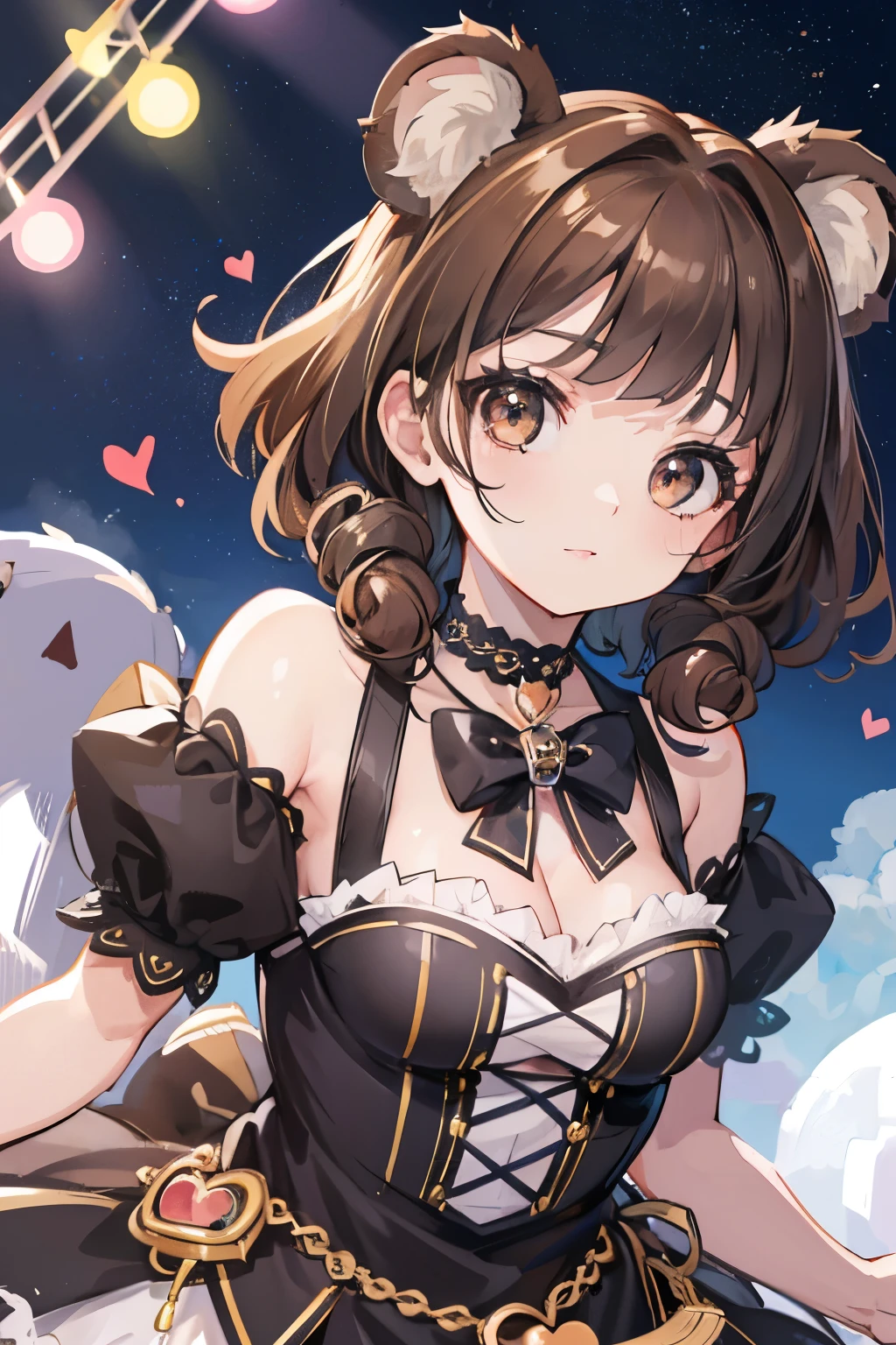 Top quality, highly detailed, UHD, idol, dress cute and beautiful anthropomorphic koala girl with brown curly bob hair wearing a heart shaped choker on outdoor stage