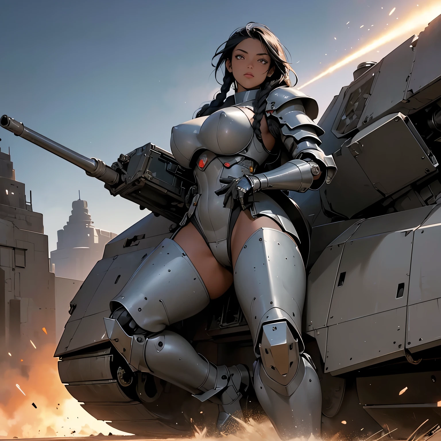 nsfw, anime screencap, 16K, perfect anatomy proportion body, perfect hands, action, A dynamic composition with a sense of speed and movement, (open cockpit, Ride large, heavily armored military heavy equipment:1.6), a wife, 40age, perfect beautiful delicate sexy face, perfect beautiful delicate eyes, braid-in-braid black hair, (dark skin:1.6), huge breasts, abs, Camouflage-colored heavy armored steam engine full armor powered suit, Many heavily armored robot soldiers are engaged in a firefight in the background., Flying bullets, Desert Battlefield, war, Post-apocalyptic,