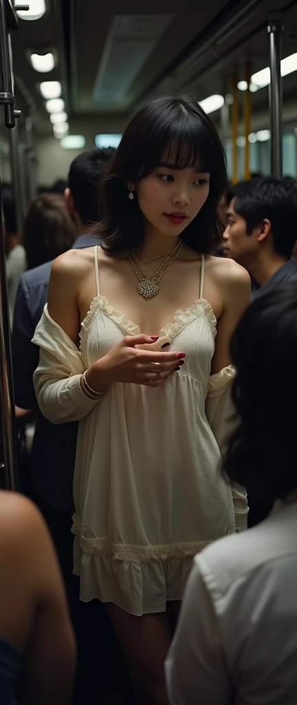 (32K:1.9, Highest quality, masterpiece, Ultra-high resolution, Professional low-angle camerawork:1.5, Very detailedな肌と顔の質感:1.4), Always accurate, Very detailed, bag, (25 year old cute Japan woman, Camisole dress and cardigan:1.5, Incredibly slim body:1.3, areola is not visible:1.4, Big breasts on the verge of collapse), (Crowded train:1.5, Crazy behavior:1.7, A man touches a woman's body:2.0), belt, Fair skin, elegant, sense of cleanliness, Thin eyebrows, (Big eyes that exude beautiful eroticism:0.4, Her facial expression when she feels that she is being caressed intensely:1.0, Facial expressions when feeling happy:1.0, Expressions of drowning in pleasure:1.0, I despise you from the bottom of my heart:0.8, Open your mouth a little, lipstick, Feel the beautiful eroticism:0.9, Dark brown medium hair), Earrings, necklace, bracelet, romantic, mysterious, Object of admiration, original, dramatic, artistic, Innovative, charm, Heartful, Fancy, Tilt, sense of loss, special, ((exciting, Extreme, sense of openness, suffering, sufferingの表現)), (((Mistakes of Youth, 女性的なcharm)))