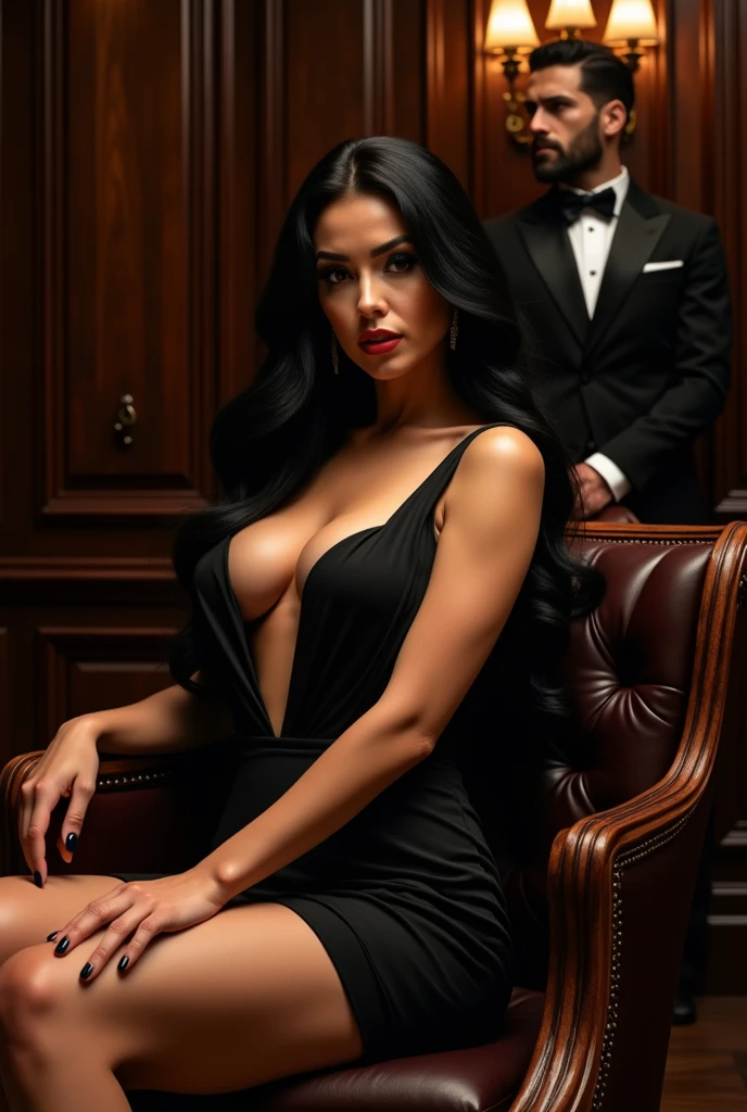 1 woman, 1 man, long flowing black hair, long elegant black dress with plunging neckline, large breasts, sitting in upscale gentleman's lounge, wealthy man standing behind her, detailed facial features, high quality, photorealistic, elegant, luxurious, dramatic lighting, chiaroscuro, moody, cinematic